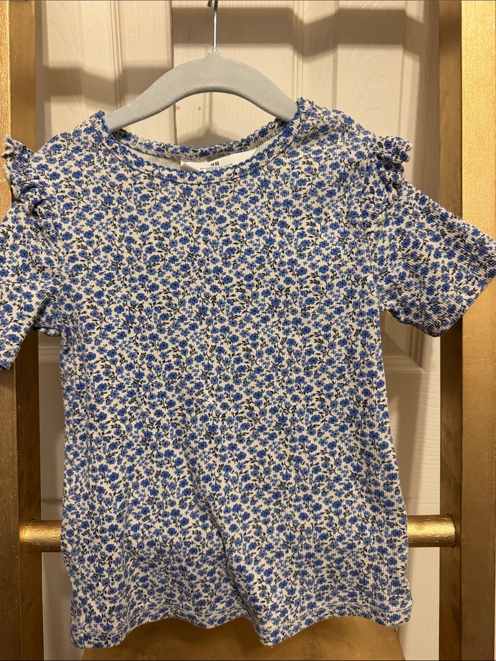 H&M Blue and White Floral Ruffle Sleeve Tee